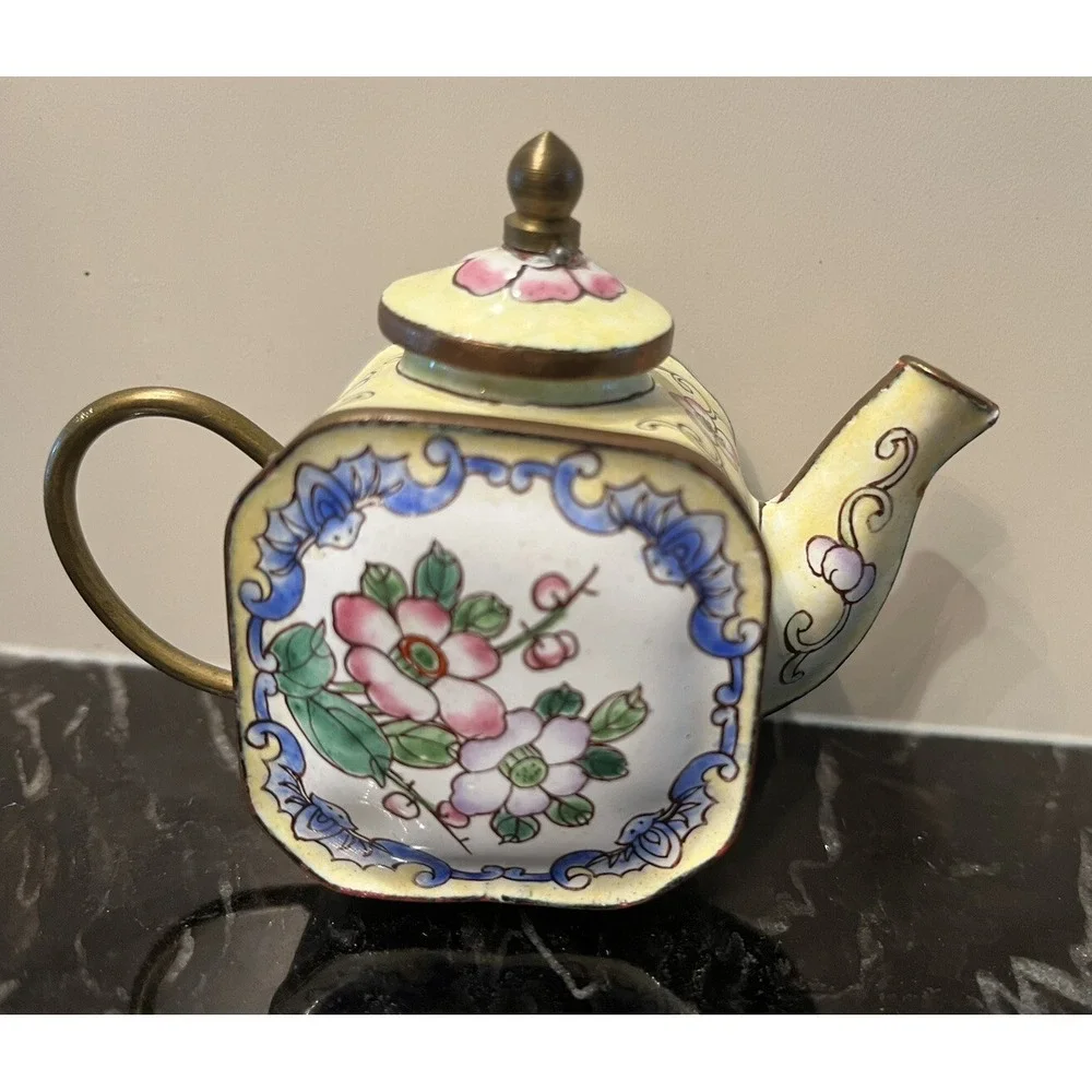 Vintage Miniature Teapot Chinemel B. Yee Copper & Painted  Flowers